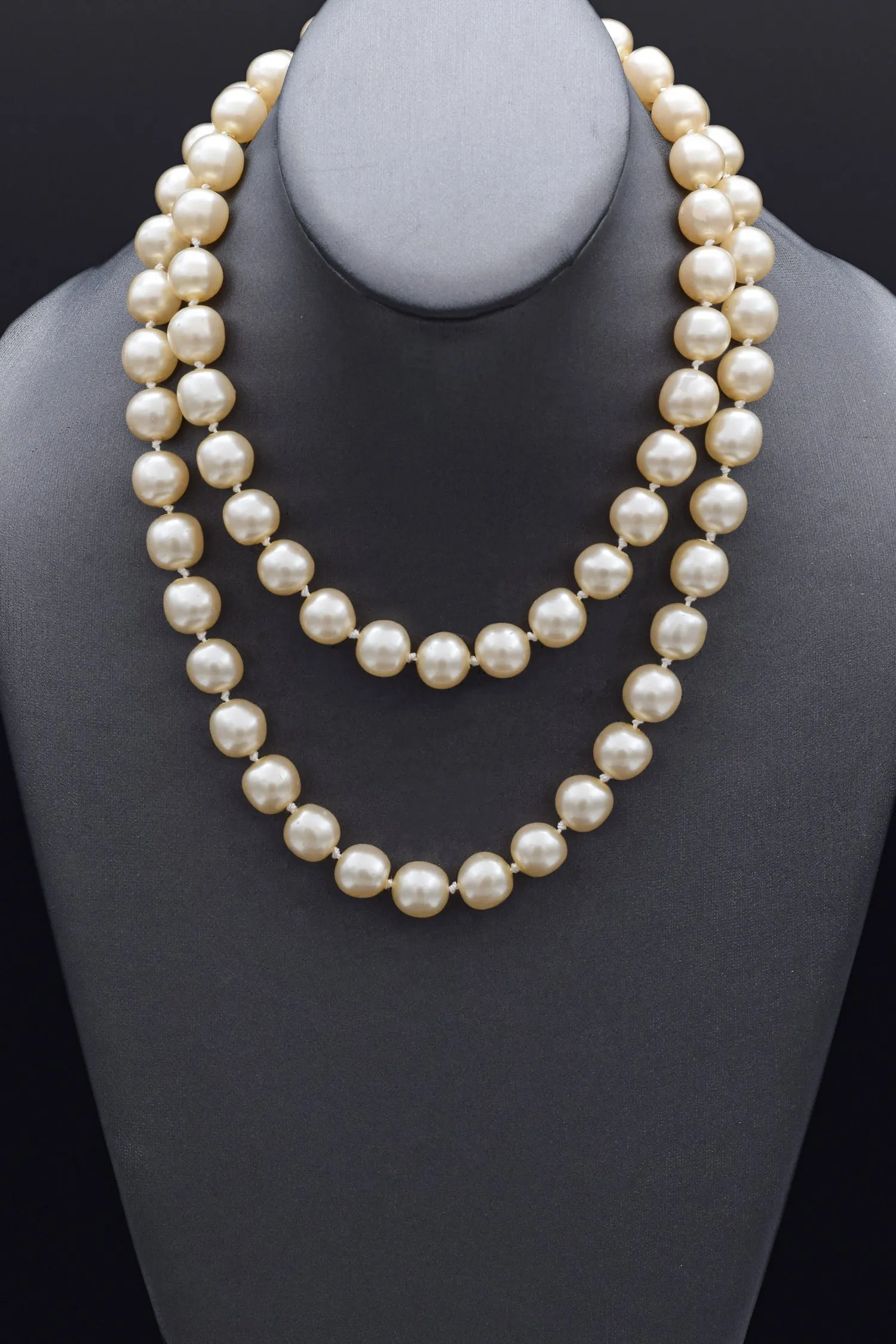 CHANEL CC Vintage Pearl Gold Plated Turnlock Long Beaded Strand Necklace 36"