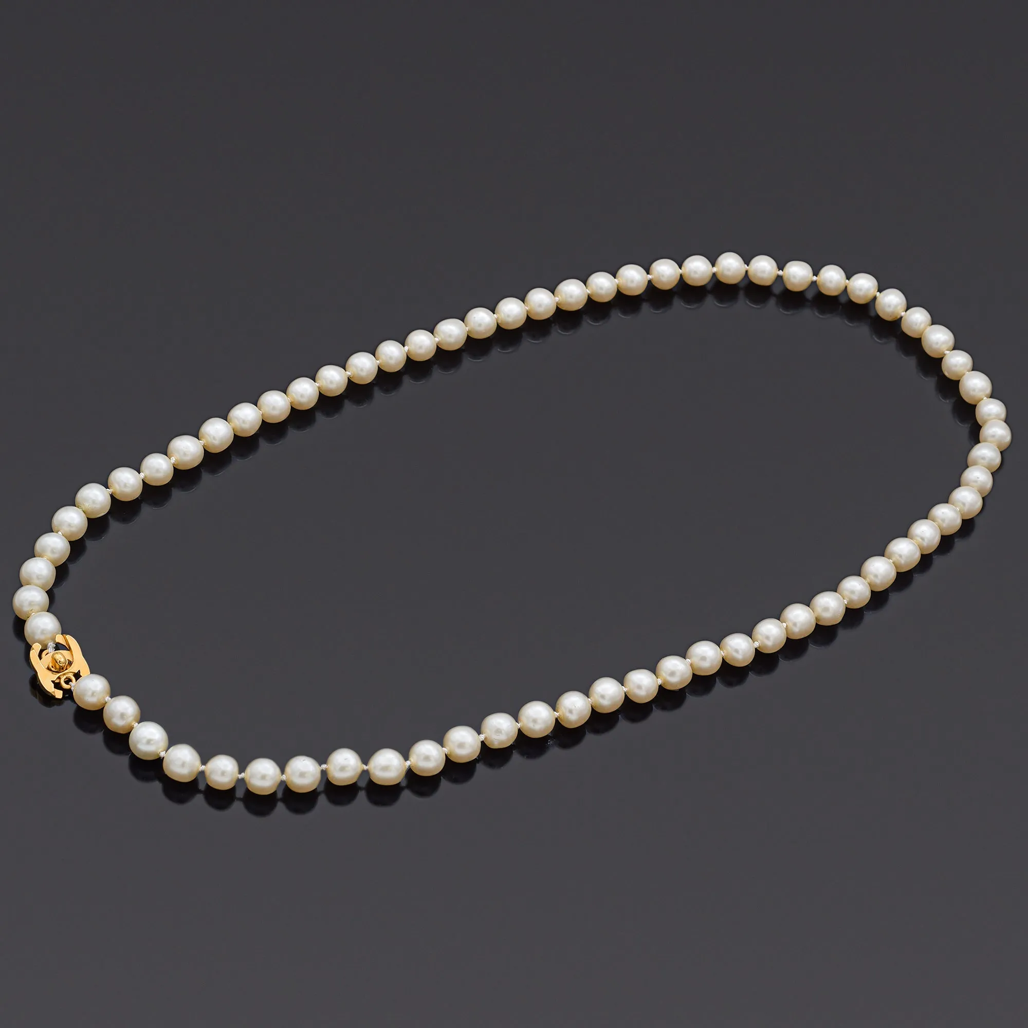 CHANEL CC Vintage Pearl Gold Plated Turnlock Long Beaded Strand Necklace 36"