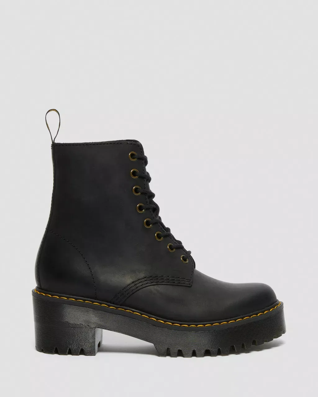 Doc Martens Women's SHRIVER HI WYOMING LEATHER HEELED BOOTS (Black Burnished)