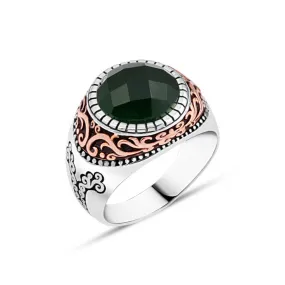 Facet Cut Green Small Circle Zircon Stone Silver Men's Ring with Wavy Top Pattern