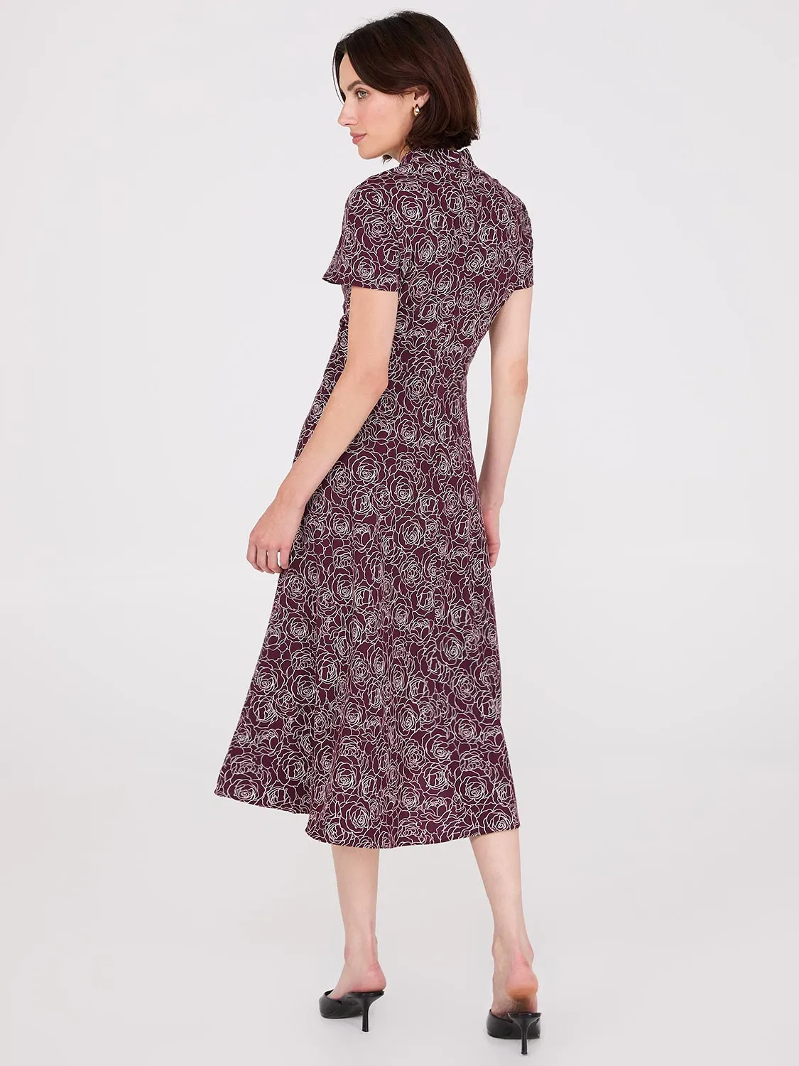 Floral Print Shawl Collar Belted Midi Dress