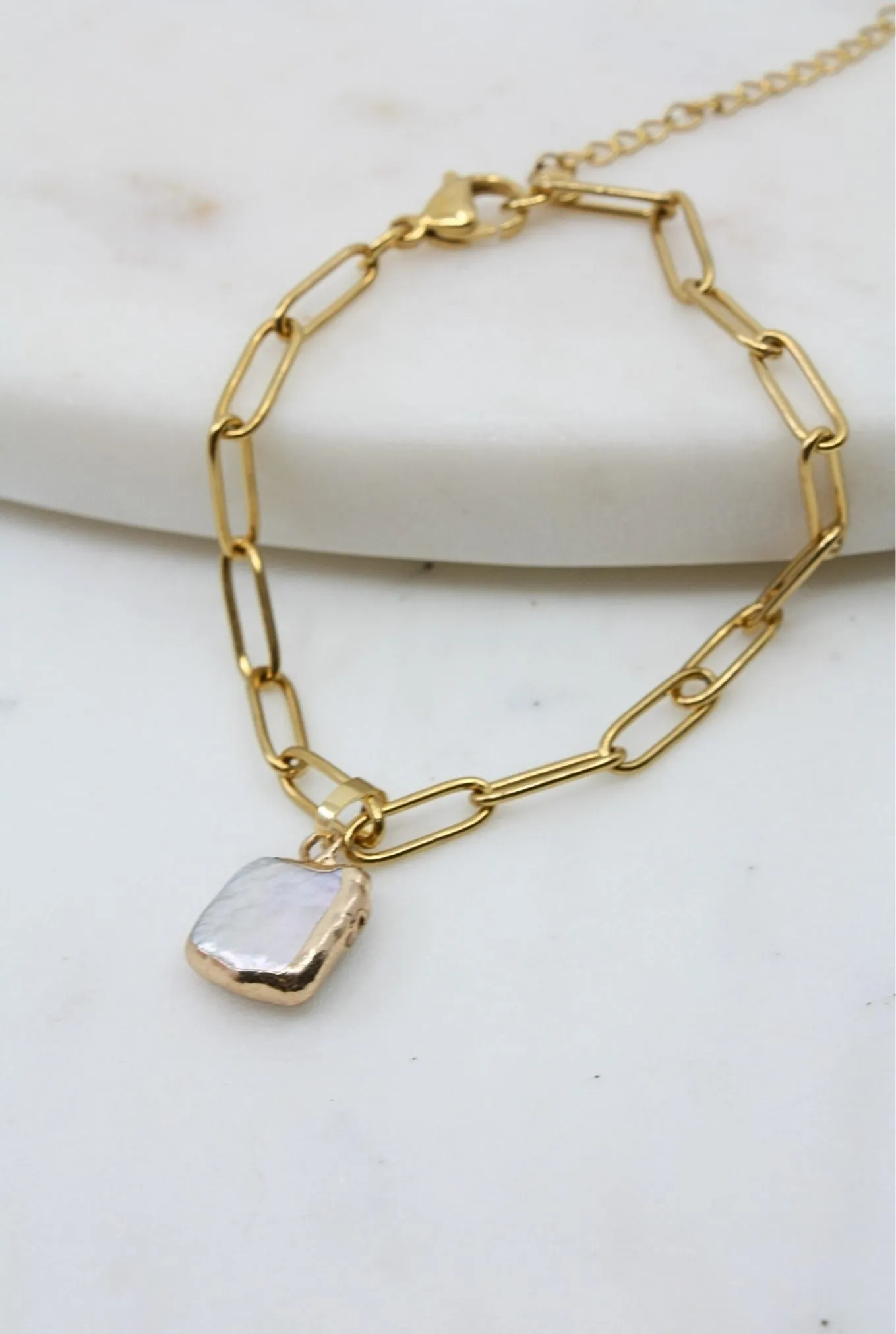 Gold Paperclip Chain Bracelet with Square Pearl