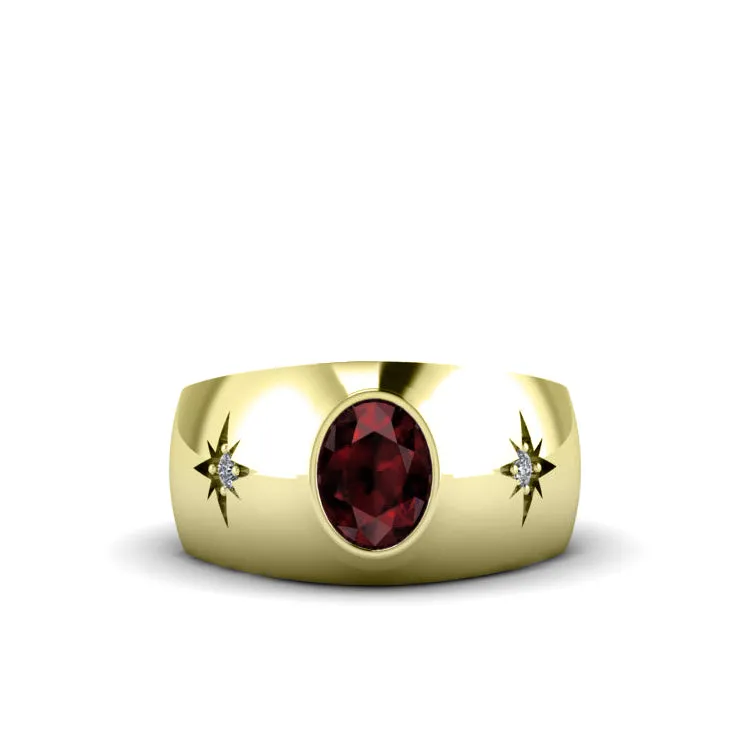 Handcrafted 14K Yellow Gold 6x8mm Ruby & .06 ct Diamonds Men's Ring Unique Jewelry