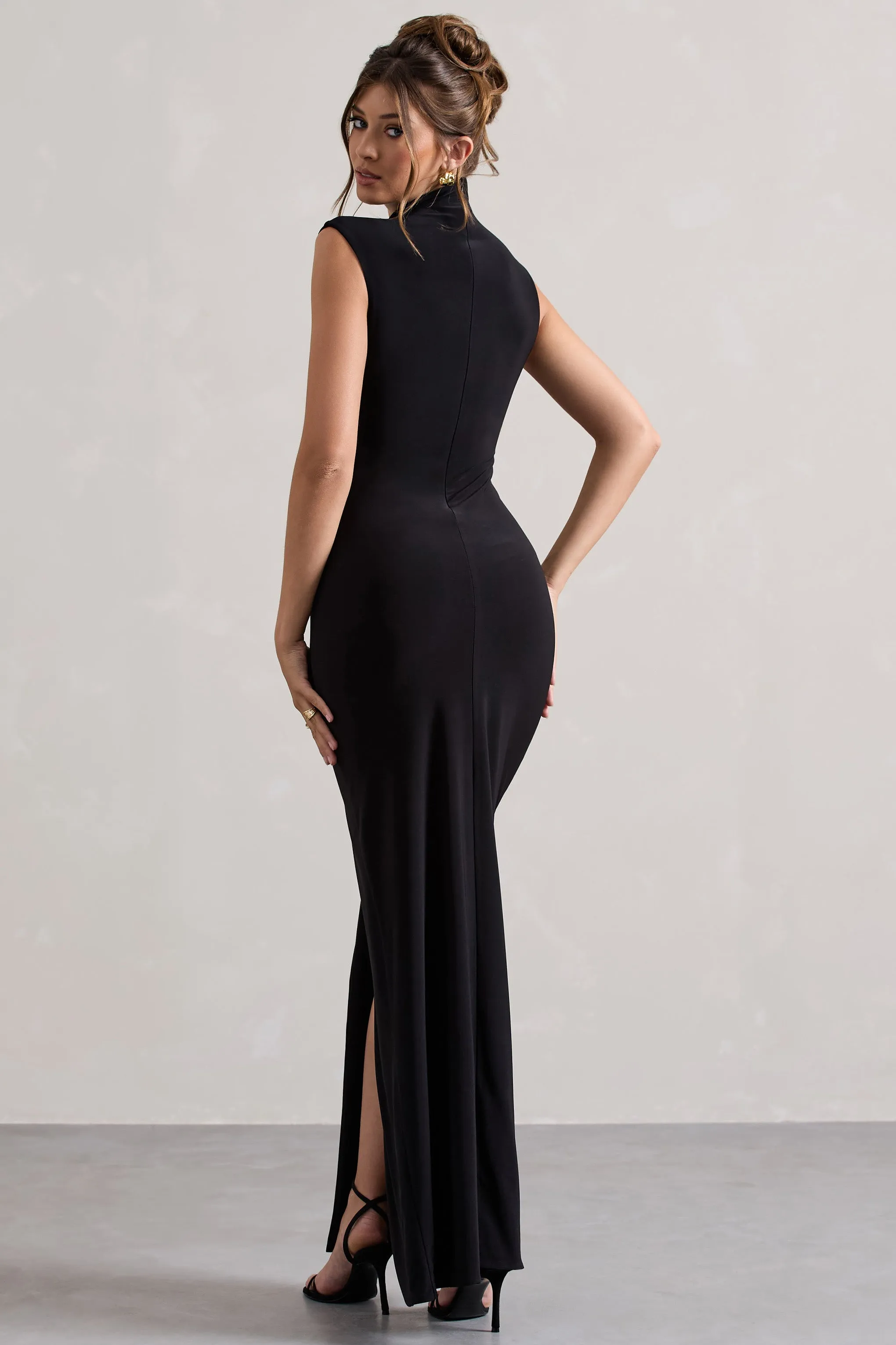 Lanetta | Black Ruched High-Neck Maxi Dress With Split