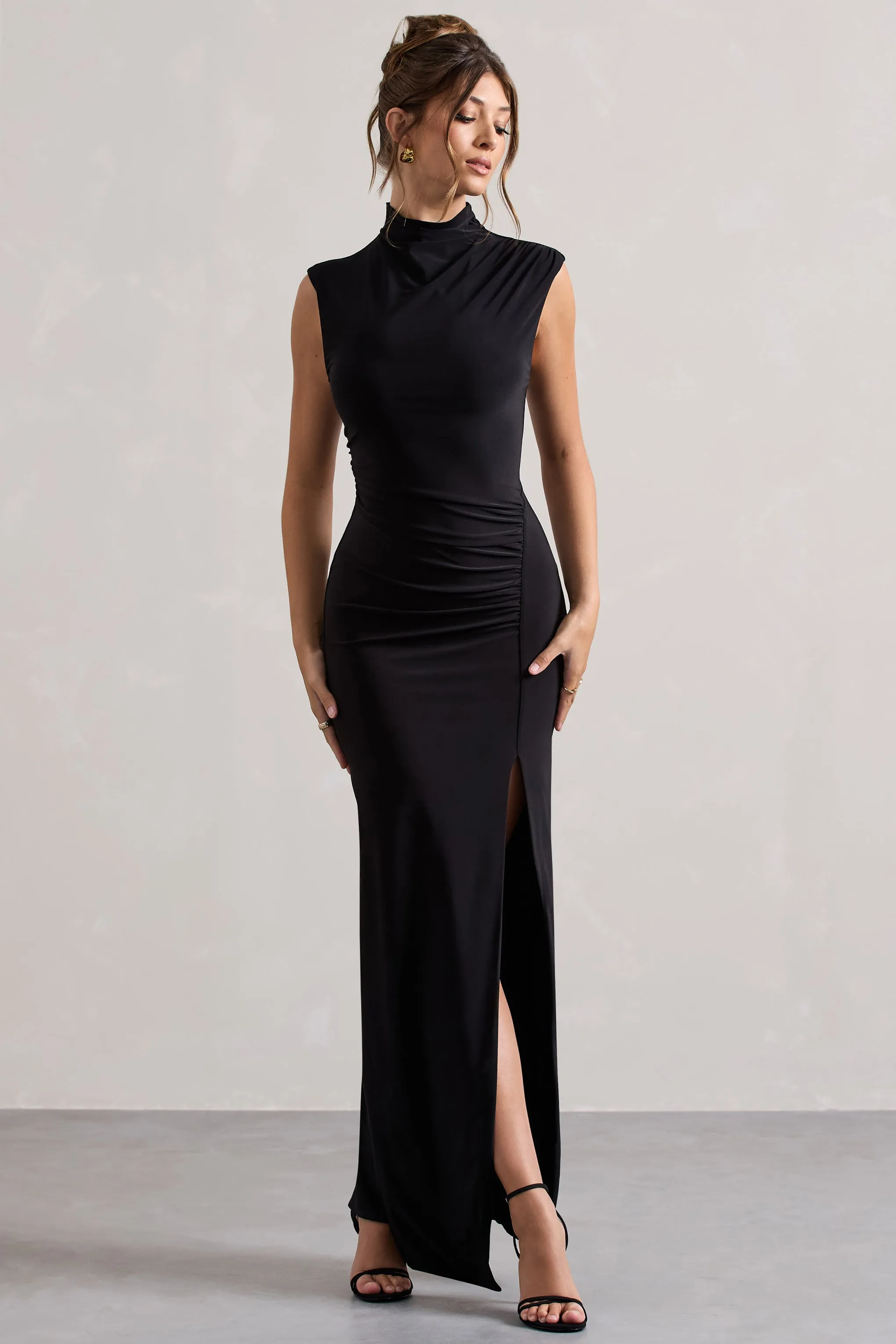 Lanetta | Black Ruched High-Neck Maxi Dress With Split