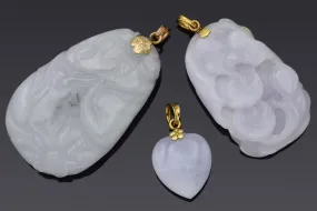 Lot of 3 Vintage 14K Gold Green Lavender Jade Carved Bat Fruit Heart Pendants