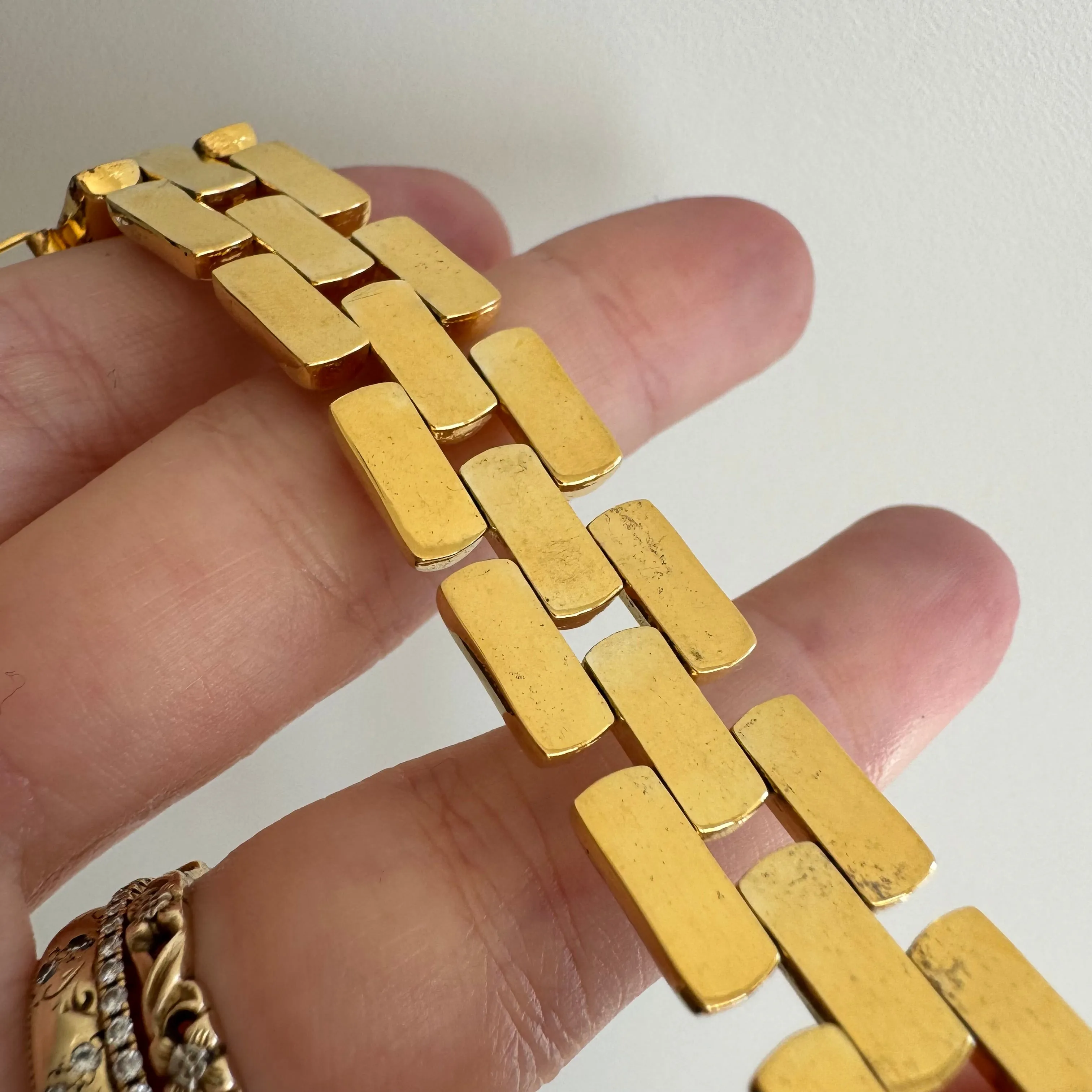 P R E - L O V E D // geometric panther / gold plated sterling silver geometric link bracelet / 7.25, 23g