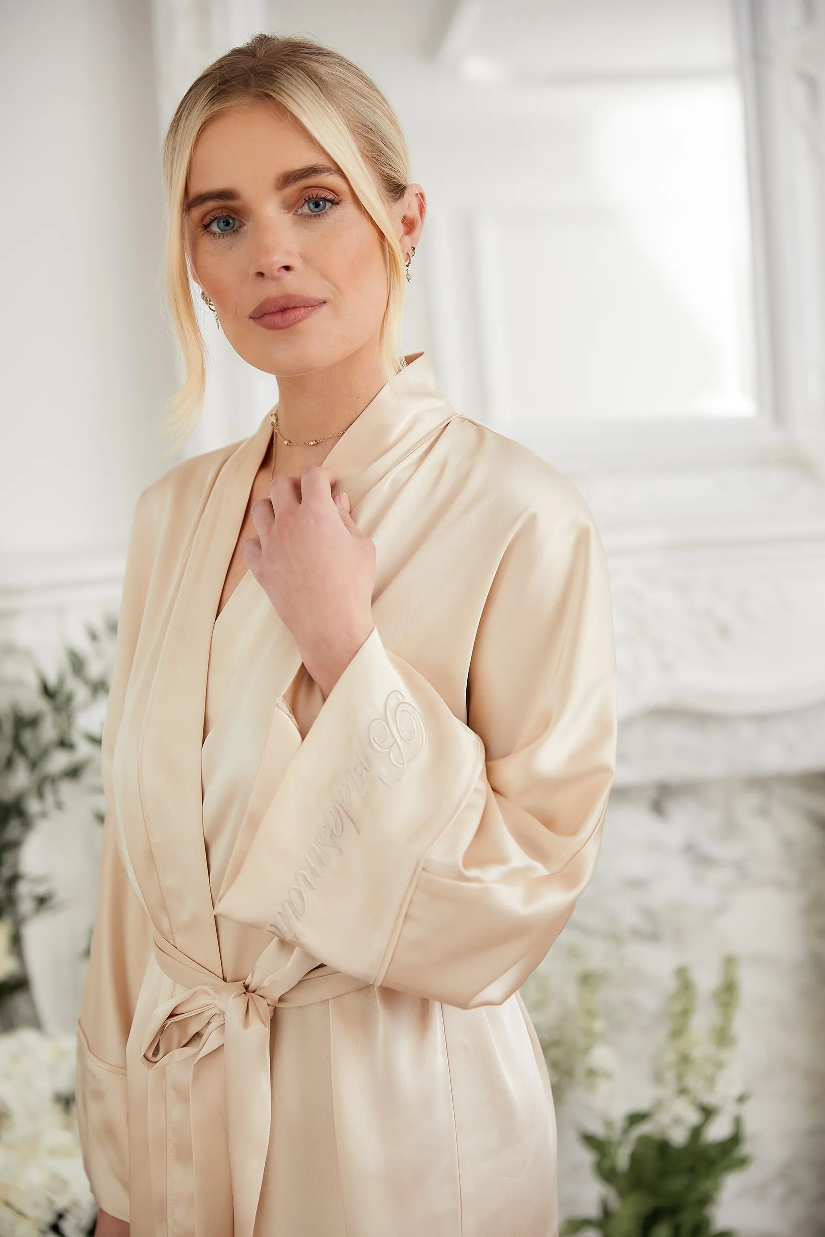 Personalised Bridal Luxury Satin Kimono Robe - Nude / Bridesmaid