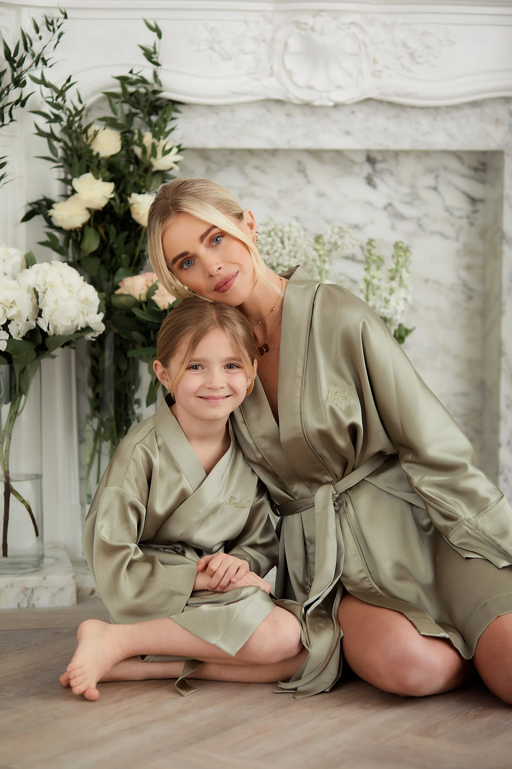 Personalised Bridal Luxury Satin Kimono Robe - Sage Green