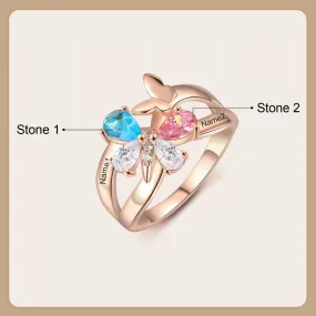 Personalized 2 Names And 2 Stones Butterfly Rings for Women