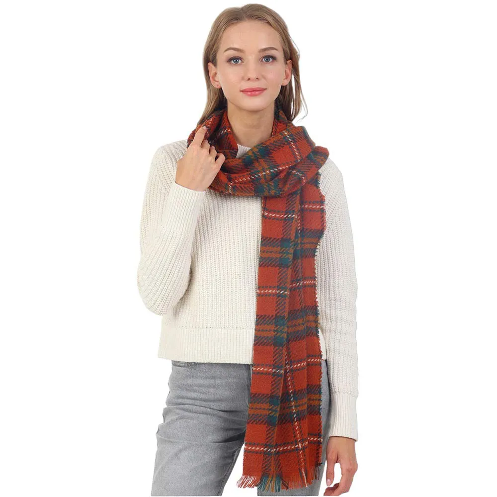 Plaid Check Patterned Fringe Oblong Scarf