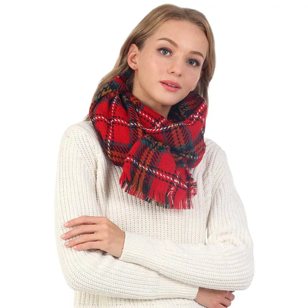 Plaid Check Patterned Fringe Oblong Scarf