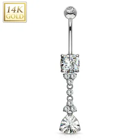 Trillion Cut Triangle CZ Dangle with Flowers and Pronged Princess Cut Gem 14 Karat Solid Gold WildKlass Navel Ring