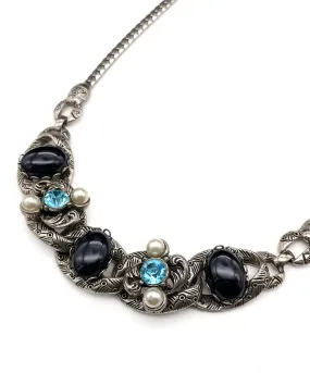 【USA輸入】ヴィンテージ SELRO ブラックカボション ブルー ビジュー ネックレス/Vintage SELRO Black Cabochon Blue Bijou Necklace