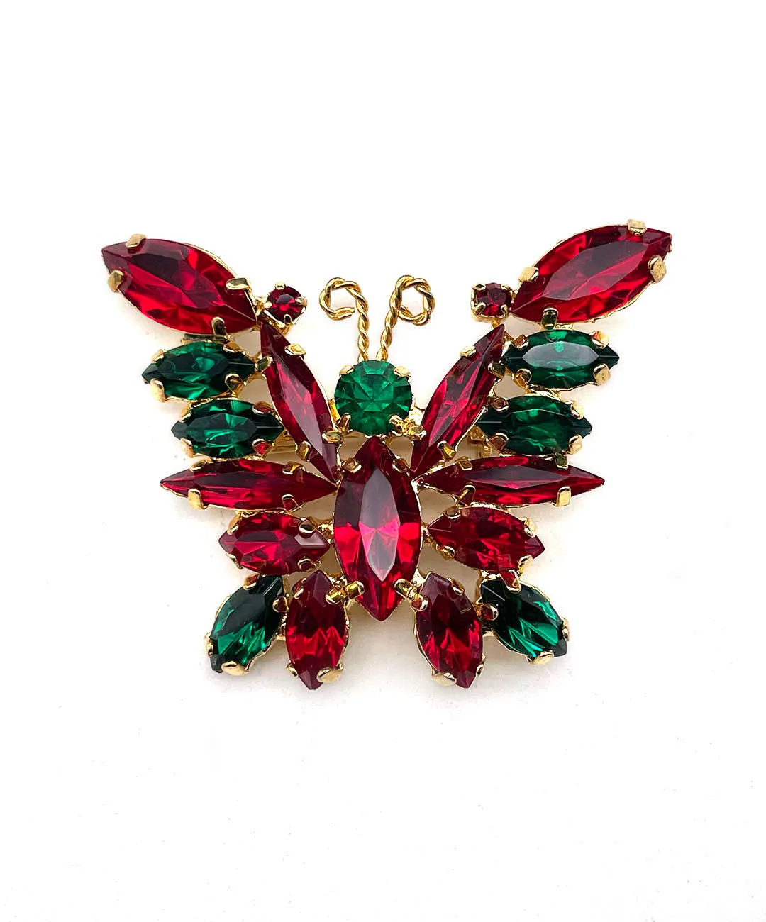 【USA輸入】ヴィンテージ レッド グリーン バタフライ ビジュー ブローチ/Vintage Red Green Butterfly Bijou Brooch