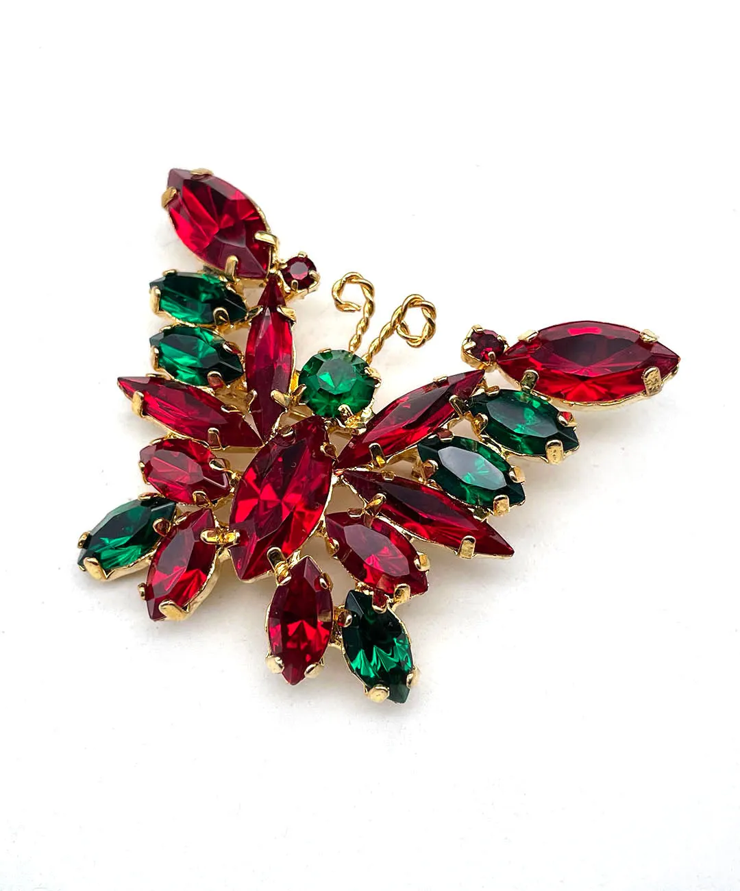 【USA輸入】ヴィンテージ レッド グリーン バタフライ ビジュー ブローチ/Vintage Red Green Butterfly Bijou Brooch