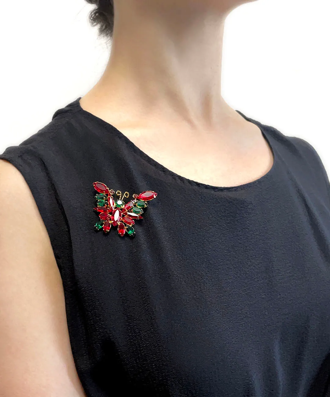 【USA輸入】ヴィンテージ レッド グリーン バタフライ ビジュー ブローチ/Vintage Red Green Butterfly Bijou Brooch