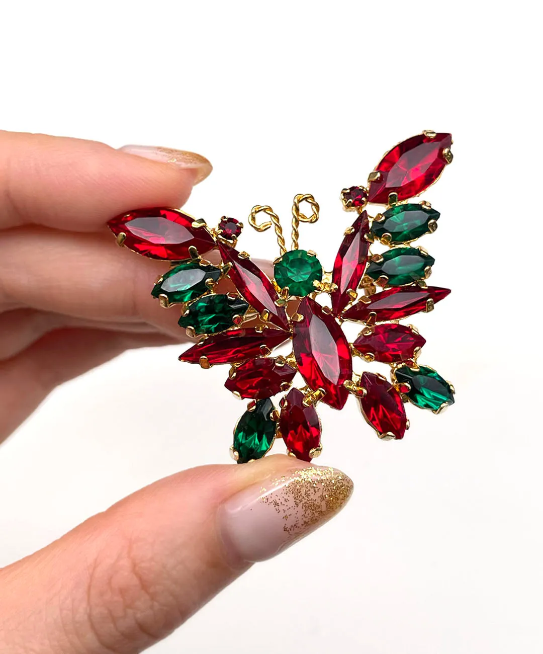 【USA輸入】ヴィンテージ レッド グリーン バタフライ ビジュー ブローチ/Vintage Red Green Butterfly Bijou Brooch