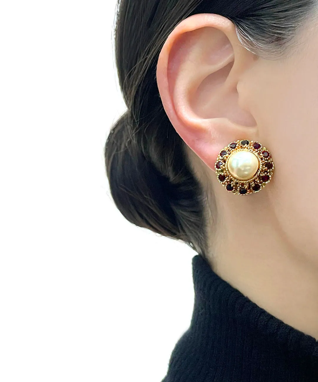 【フランス輸入】ヴィンテージ SPHINX パール ガーネットレッド ビジュー イヤリング/Vintage SPHINX Pearl Garnet Bijou Clip On Earrings